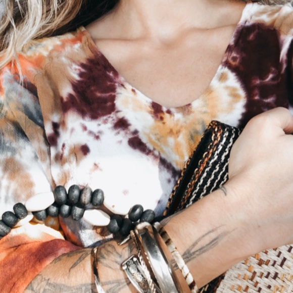 Fall Tone Custom Tie Dye Flare Sleeve Bohemian Peasant 3/4 Sleeve Top - Picture 8 of 10